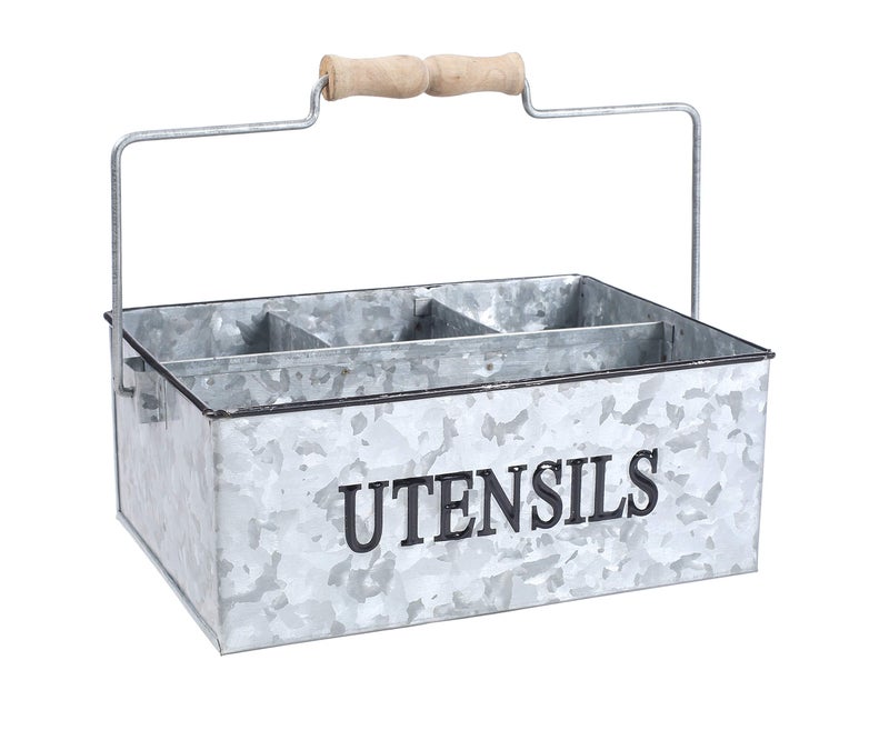 Light & Pro Large Galvanized Bucket Drink Tub Caddy Serveware Utensil Organizer Picnic Caddy Multipurpose Wooden Handle Storage Bin Farmhouse Rustic Organizer With Dividers - Natural - Image 1